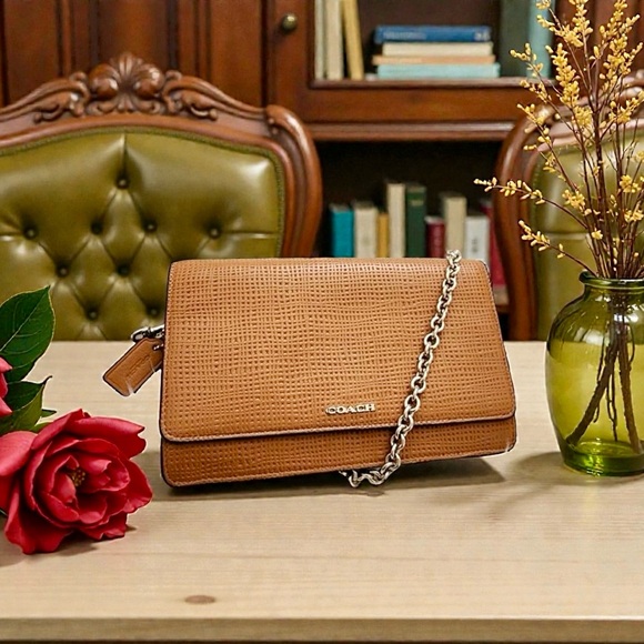 Coach Handbags - COACH Madison Burnt Camel Embossed Leather 3 Way Convertible Clutch